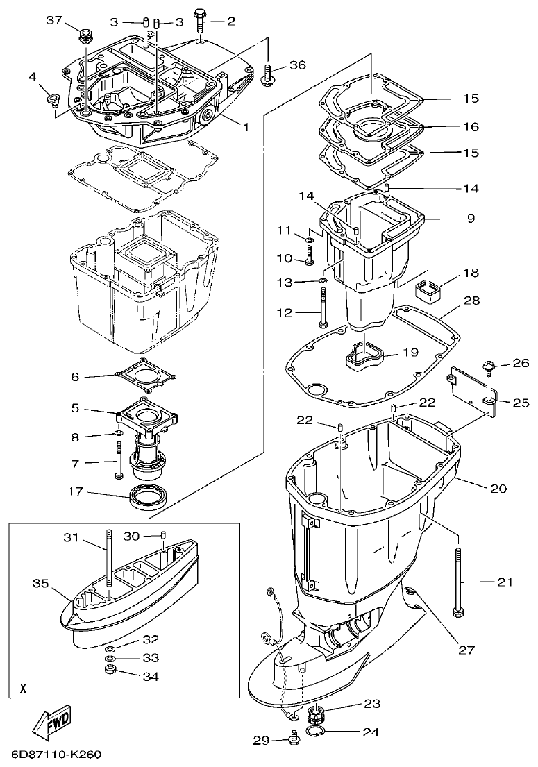 Yamaha F80BET, F100DET UPPER CASING parts diagram